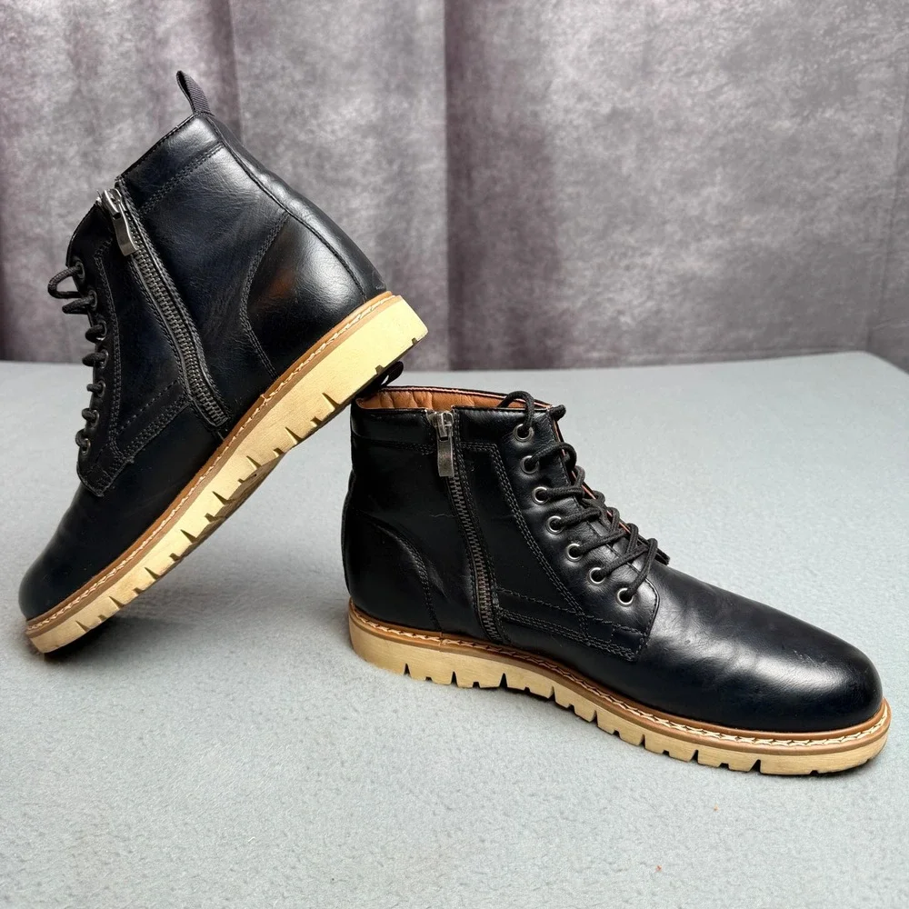 Mens Black Faux Leather Lace Up Side Zip Combat Boots Tan Lug Sole Size 9M